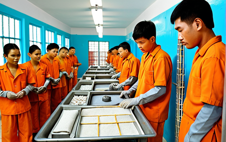 **Image Prompt:** A modern Thai prison interior, showing inmates participating in vocational training, like learning a trade or craft. The scene emphasizes rehabilitation and personal development, with a focus on hope and opportunities for reintegration into Thai society. Soft, encouraging lighting.