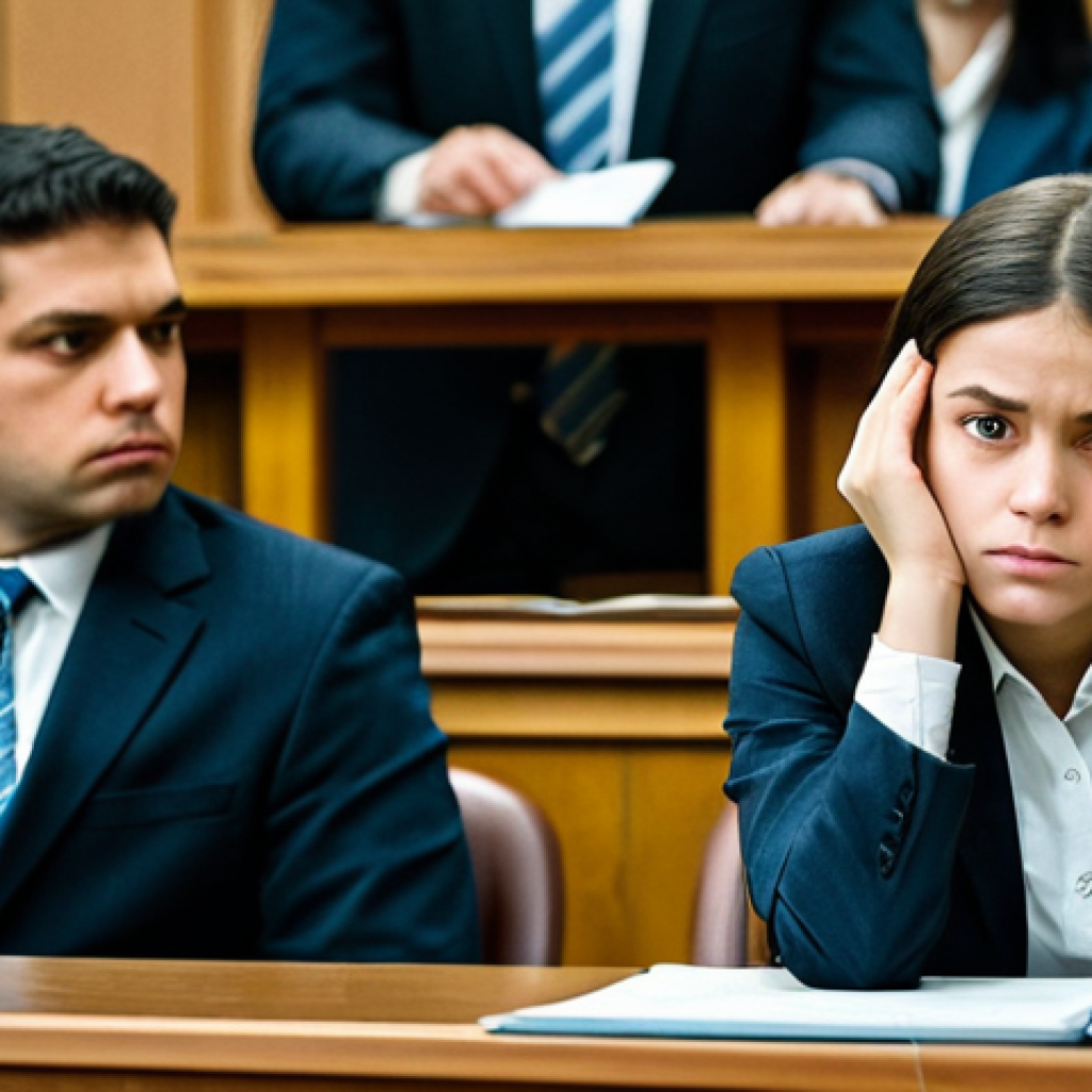 Anxious Witness**
"A young woman in modest business attire sits nervously in a courtroom setting, fully clothed, appropriate attire, her hands fidgeting, avoiding eye contact with a lawyer in the foreground, safe for work, perfect anatomy, natural proportions, professional photo, high quality, courtroom scene, family-friendly."
**