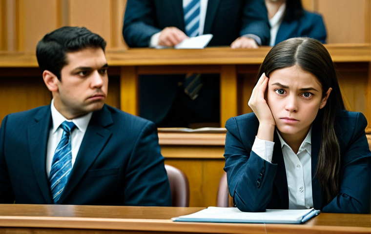 Anxious Witness**

"A young woman in modest business attire sits nervously in a courtroom setting, fully clothed, appropriate attire, her hands fidgeting, avoiding eye contact with a lawyer in the foreground, safe for work, perfect anatomy, natural proportions, professional photo, high quality, courtroom scene, family-friendly."

**