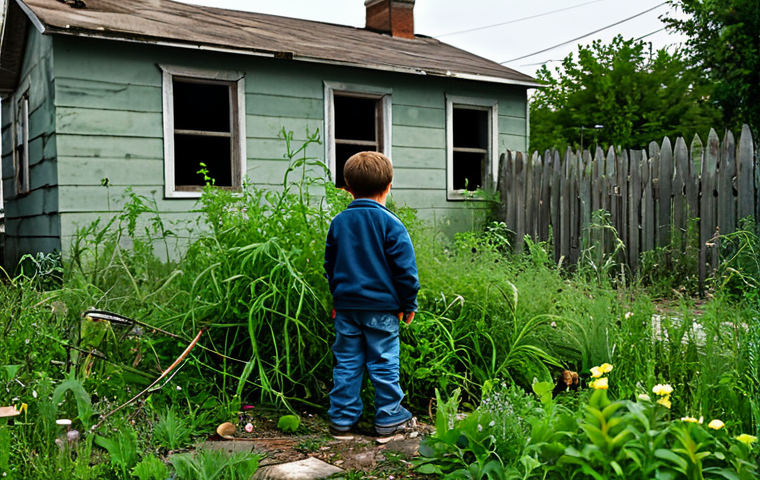 범죄 가해자의 반사회적 성격장애 연구 - Childhood Environment**
"A young boy, fully clothed in modest children's clothing, playing alone in...