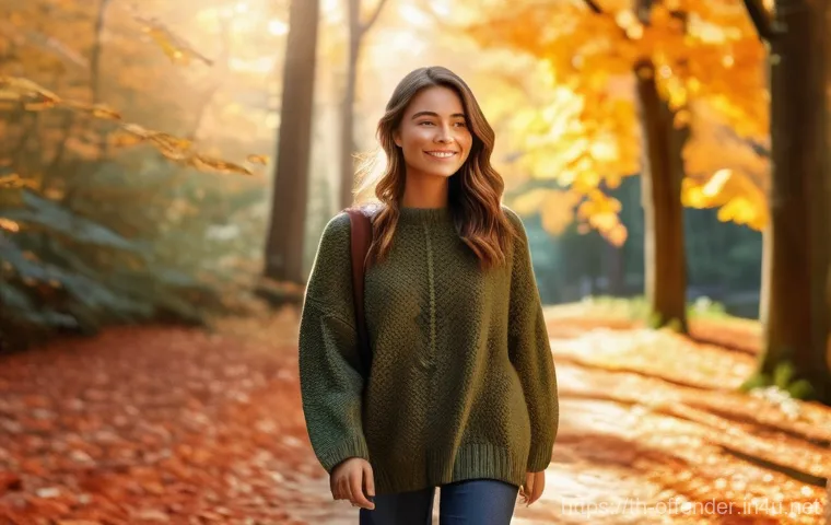 음주운전 가해자의 법적 처벌 기준 - **"A serene autumn forest path. A young woman, wearing a stylish, loose-fitting long-sleeved sweater...