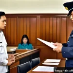 범죄자의 감형을 결정하는 요인 - A respectful courtroom scene in Thailand showing a remorseful adult male defendant dressed in neat, ...