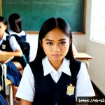 학교폭력 가해자의 유형과 심리 - Photorealistic scene in a modern Thai secondary school classroom, a confident teenage student subtly...