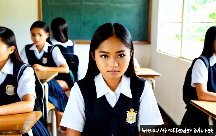 학교폭력 가해자의 유형과 심리 - Photorealistic scene in a modern Thai secondary school classroom, a confident teenage student subtly...